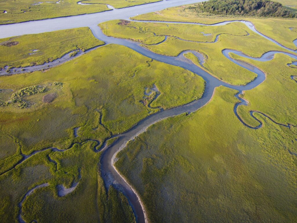 USA, Aerial Photograph of salt water marshes on the Eastern Shore of Virginia